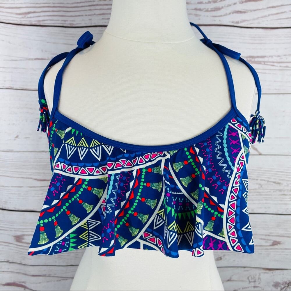 Urban Sea flounce tie blue patterned tassel top